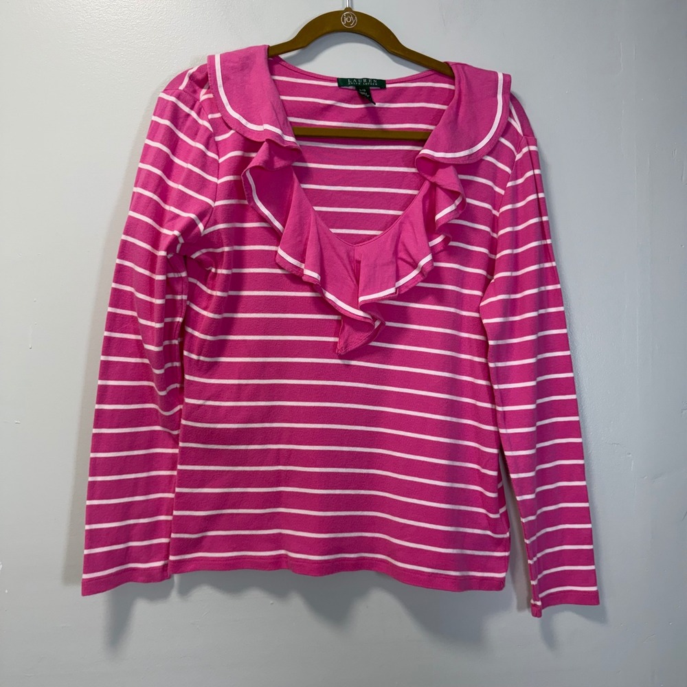 Lauren Ralph Lauren Pink White Striped Ruffle V-Neck‎ Long Sleeve Top Large